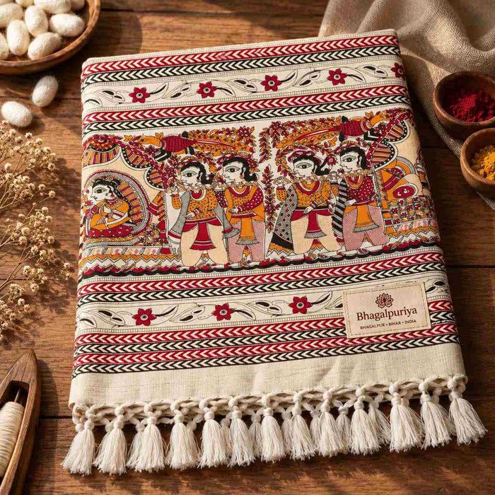 Madhubani Hand Painting Bhagalpuri Dull Chaddar- Pure Silk Blanket