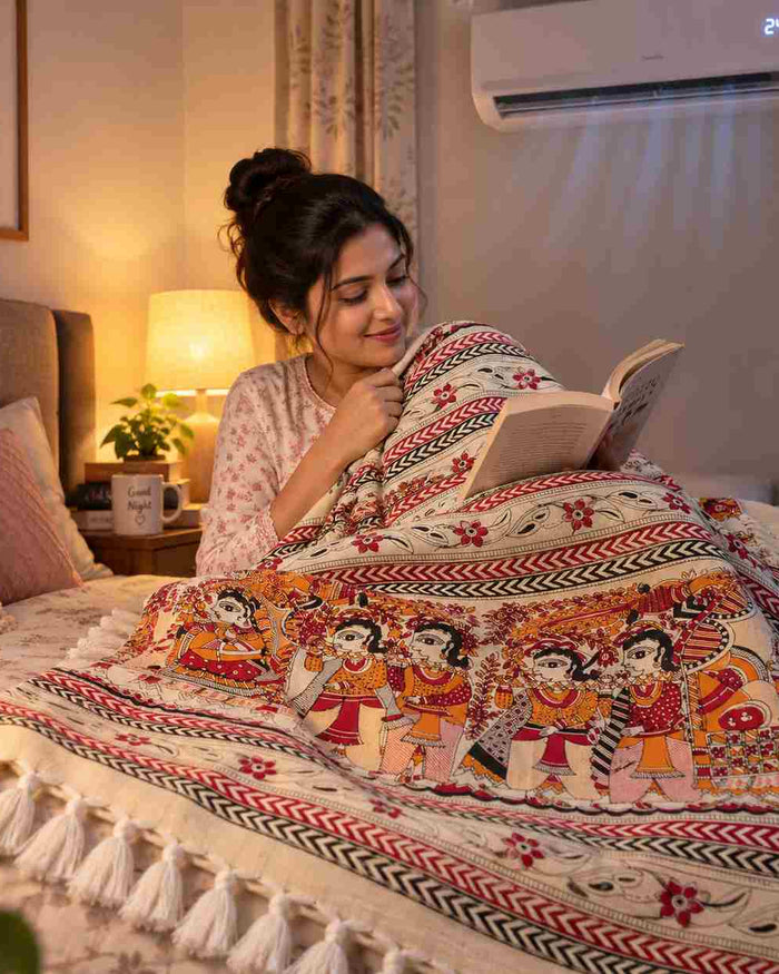Madhubani Hand Painting Bhagalpuri Dull Chaddar- Pure Silk Blanket