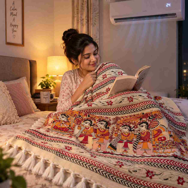 Madhubani Hand Painting Bhagalpuri Dull Chaddar- Pure Silk Blanket